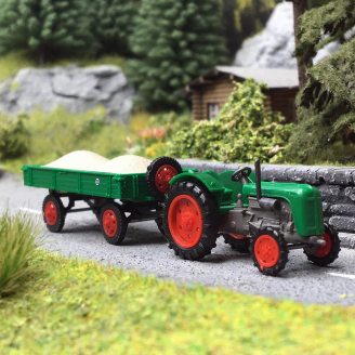 Tracteur Famulus avec remorque, Vert - BUSCH 210110112 - HO 1/87